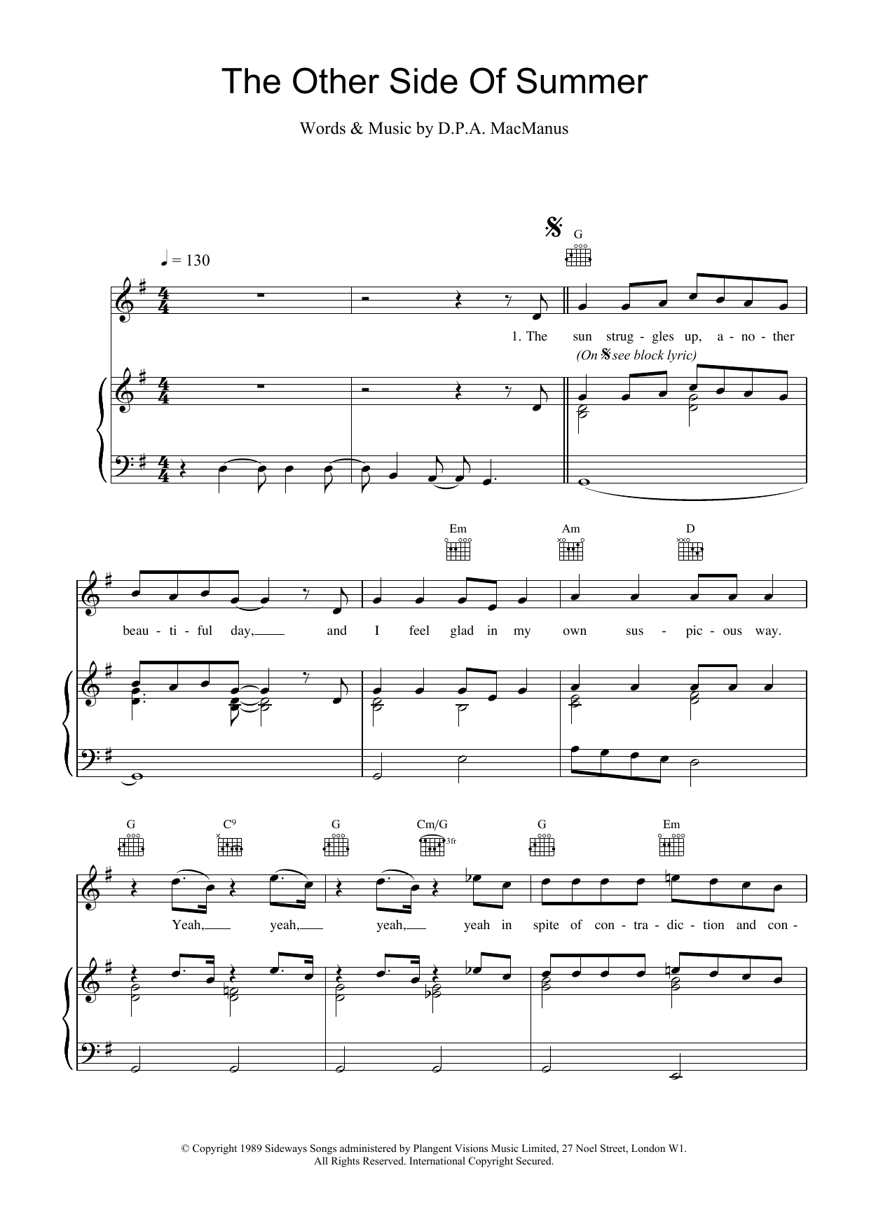 Preview Elvis Costello The Other Side Of Summer Rock sheet music, notes and chords for Piano, Vocal & Guitar (Right-Hand Melody), SKU: 13735 Download Elvis Costello The Other Side Of Summer sheet music and printable PDF score & Rock music notes