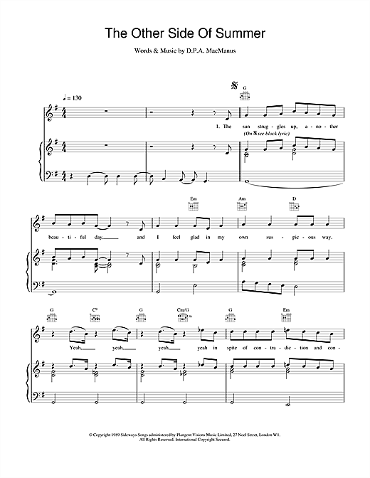 Preview Elvis Costello The Other Side Of Summer Rock sheet music, notes and chords for Piano, Vocal & Guitar (Right-Hand Melody), SKU: 13735 sheet music, piano notes, chords, guitar tabs, score, transpose, transcribe, how to play, guide, download, learn, tutorial, progression, song, artist, awards, billboard, mtv, vh1, tour, single, album, release