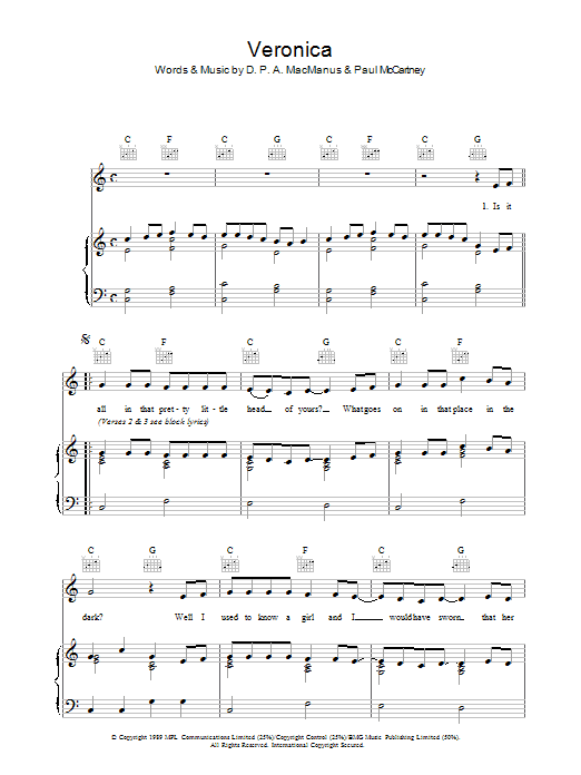 Preview Elvis Costello Veronica Rock sheet music, notes and chords for Piano, Vocal & Guitar (Right-Hand Melody), SKU: 37990 Download Elvis Costello Veronica sheet music and printable PDF score & Rock music notes