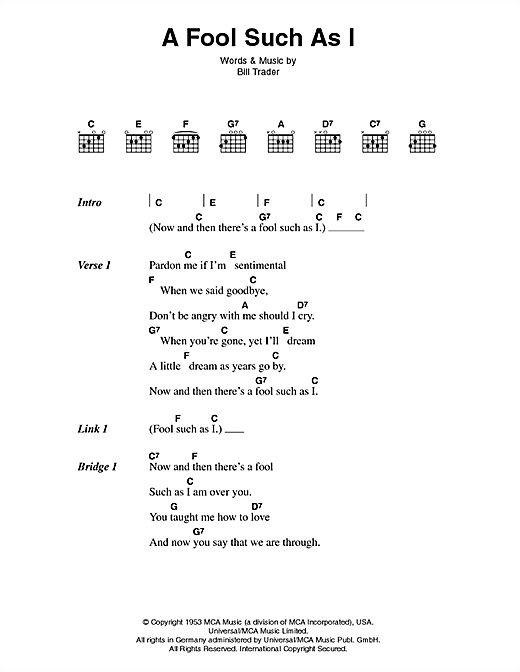 Preview Elvis Presley (Now And Then There's) A Fool Such As I Pop sheet music, notes and chords for Piano, Vocal & Guitar, SKU: 21823 Download Elvis Presley (Now And Then There's) A Fool Such As I sheet music and printable PDF score & Pop music notes