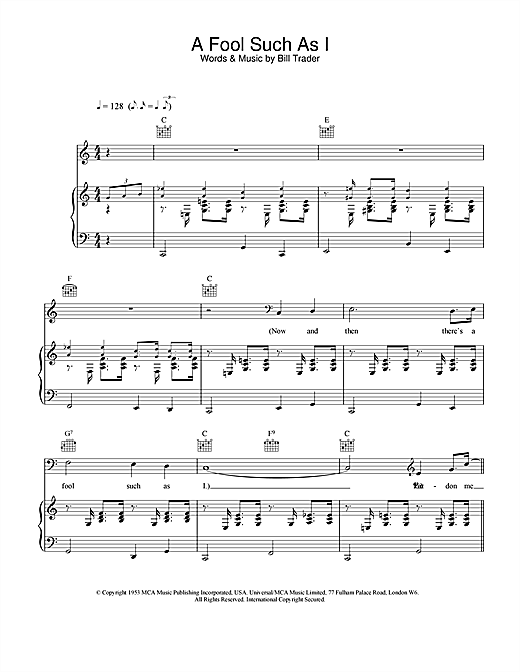 Preview Elvis Presley (Now And Then There's) A Fool Such As I Pop sheet music, notes and chords for Piano, Vocal & Guitar, SKU: 21823 sheet music, piano notes, chords, guitar tabs, score, transpose, transcribe, how to play, guide, download, learn, tutorial, progression, song, artist, awards, billboard, mtv, vh1, tour, single, album, release