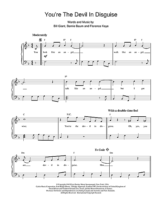 Preview Elvis Presley (You're The) Devil In Disguise Pop sheet music, notes and chords for Piano, Vocal & Guitar, SKU: 21826 sheet music, piano notes, chords, guitar tabs, score, transpose, transcribe, how to play, guide, download, learn, tutorial, progression, song, artist, awards, billboard, mtv, vh1, tour, single, album, release