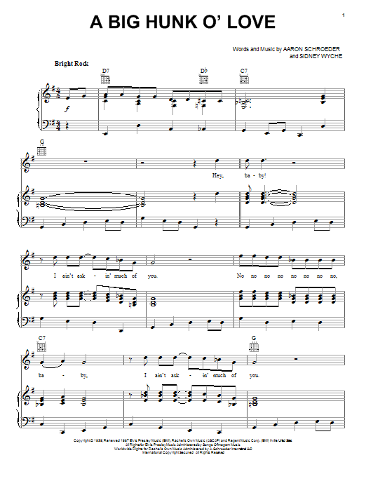 Download Elvis Presley A Big Hunk O' Love sheet music and printable PDF score & Rock music notes
