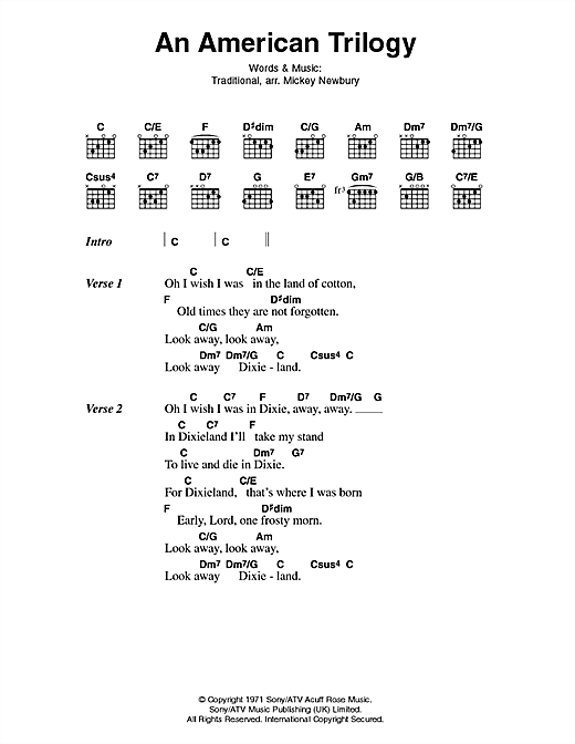 Preview Elvis Presley An American Trilogy Film and TV sheet music, notes and chords for Lyrics & Chords, SKU: 79675 Download Elvis Presley An American Trilogy sheet music and printable PDF score & Film and TV music notes