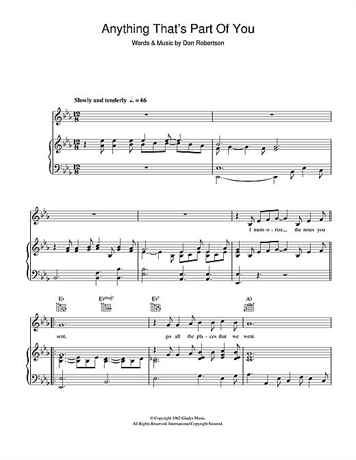 Preview Elvis Presley Anything That's Part Of You Easy Listening sheet music, notes and chords for Piano, Vocal & Guitar (Right-Hand Melody), SKU: 114403 sheet music, piano notes, chords, guitar tabs, score, transpose, transcribe, how to play, guide, download, learn, tutorial, progression, song, artist, awards, billboard, mtv, vh1, tour, single, album, release