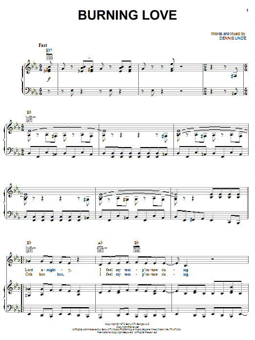 Preview Elvis Presley Burning Love Pop sheet music, notes and chords for Piano, Vocal & Guitar, SKU: 21824 sheet music, piano notes, chords, guitar tabs, score, transpose, transcribe, how to play, guide, download, learn, tutorial, progression, song, artist, awards, billboard, mtv, vh1, tour, single, album, release
