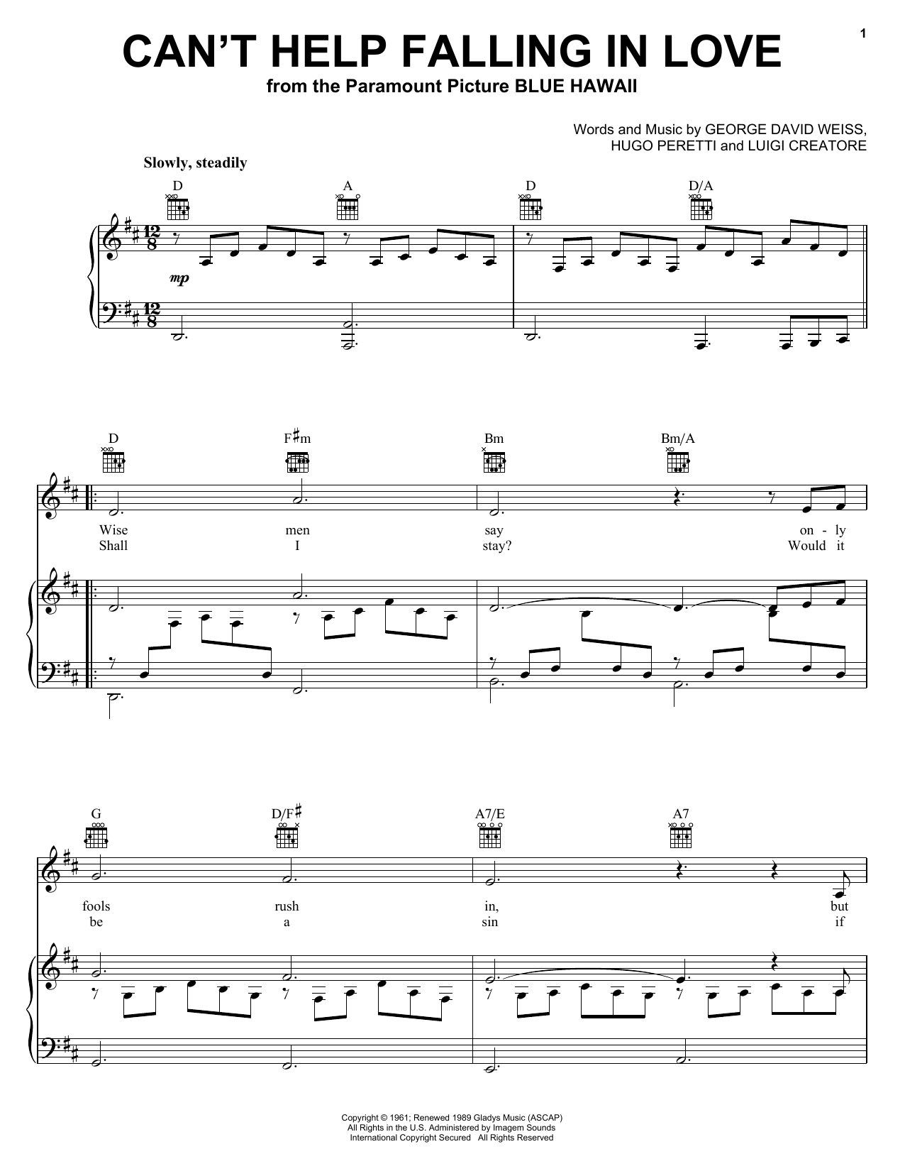 Download Elvis Presley Can't Help Falling In Love sheet music and printable PDF score & Film and TV music notes