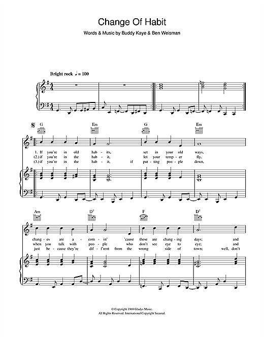 Preview Elvis Presley Change Of Habit Rock N Roll sheet music, notes and chords for Piano, Vocal & Guitar (Right-Hand Melody), SKU: 114417 sheet music, piano notes, chords, guitar tabs, score, transpose, transcribe, how to play, guide, download, learn, tutorial, progression, song, artist, awards, billboard, mtv, vh1, tour, single, album, release