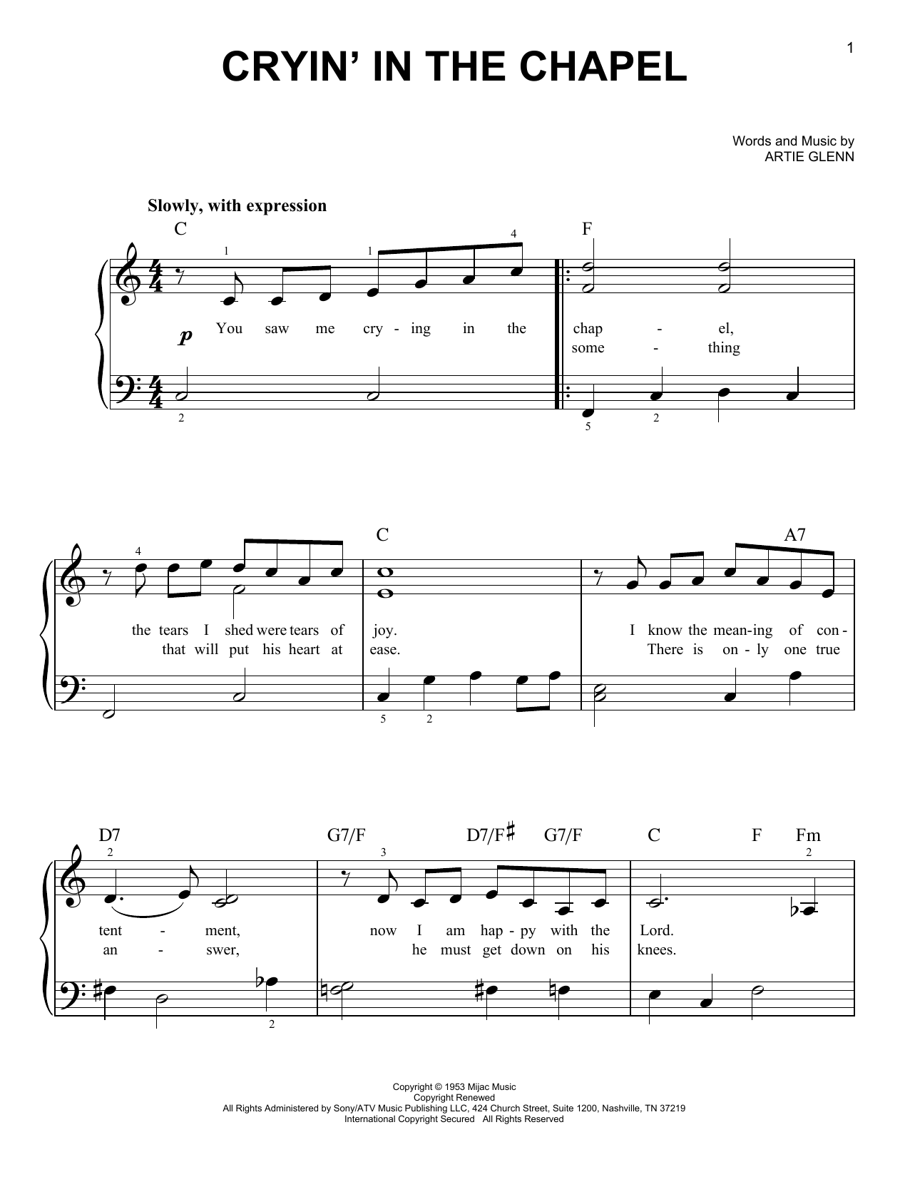 Preview Elvis Presley Crying In The Chapel Pop sheet music, notes and chords for Easy Piano, SKU: 25643 Download Elvis Presley Crying In The Chapel sheet music and printable PDF score & Pop music notes