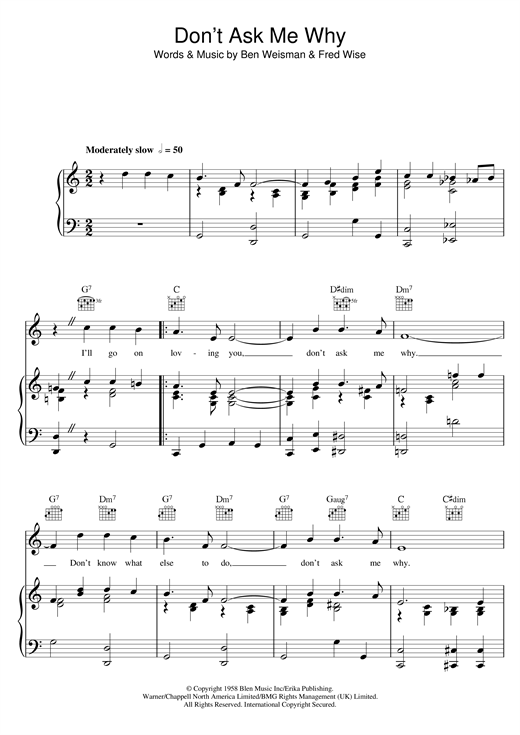 Preview Elvis Presley Don't Ask Me Why Easy Listening sheet music, notes and chords for Piano, Vocal & Guitar (Right-Hand Melody), SKU: 114415 sheet music, piano notes, chords, guitar tabs, score, transpose, transcribe, how to play, guide, download, learn, tutorial, progression, song, artist, awards, billboard, mtv, vh1, tour, single, album, release