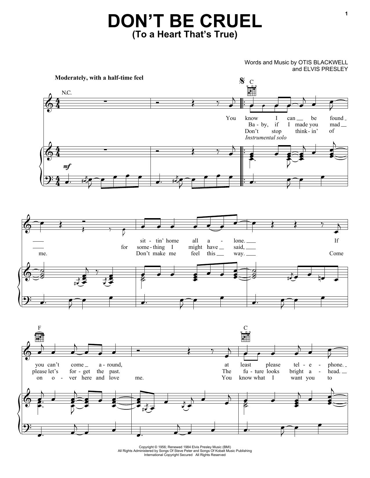 Preview Elvis Presley Don't Be Cruel (To A Heart That's True) Pop sheet music, notes and chords for Piano & Vocal, SKU: 255062 sheet music, piano notes, chords, guitar tabs, score, transpose, transcribe, how to play, guide, download, learn, tutorial, progression, song, artist, awards, billboard, mtv, vh1, tour, single, album, release