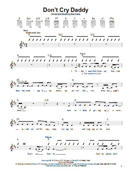 Preview Elvis Presley Don't Cry Daddy Pop sheet music, notes and chords for Lyrics & Chords, SKU: 79685 Download Elvis Presley Don't Cry Daddy sheet music and printable PDF score & Pop music notes