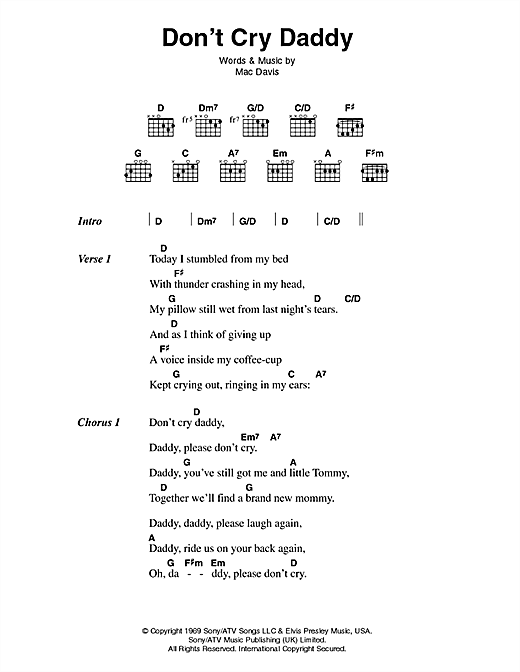 Preview Elvis Presley Don't Cry Daddy Pop sheet music, notes and chords for Piano, Vocal & Guitar (Right-Hand Melody), SKU: 51127 sheet music, piano notes, chords, guitar tabs, score, transpose, transcribe, how to play, guide, download, learn, tutorial, progression, song, artist, awards, billboard, mtv, vh1, tour, single, album, release