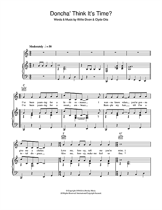 Preview Elvis Presley Doncha Think It's Time Rock N Roll sheet music, notes and chords for Piano, Vocal & Guitar (Right-Hand Melody), SKU: 114423 sheet music, piano notes, chords, guitar tabs, score, transpose, transcribe, how to play, guide, download, learn, tutorial, progression, song, artist, awards, billboard, mtv, vh1, tour, single, album, release
