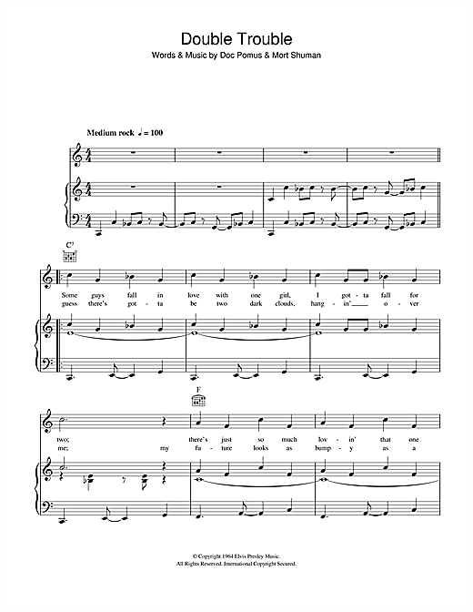 Preview Elvis Presley Double Trouble Rock N Roll sheet music, notes and chords for Piano, Vocal & Guitar (Right-Hand Melody), SKU: 114422 sheet music, piano notes, chords, guitar tabs, score, transpose, transcribe, how to play, guide, download, learn, tutorial, progression, song, artist, awards, billboard, mtv, vh1, tour, single, album, release