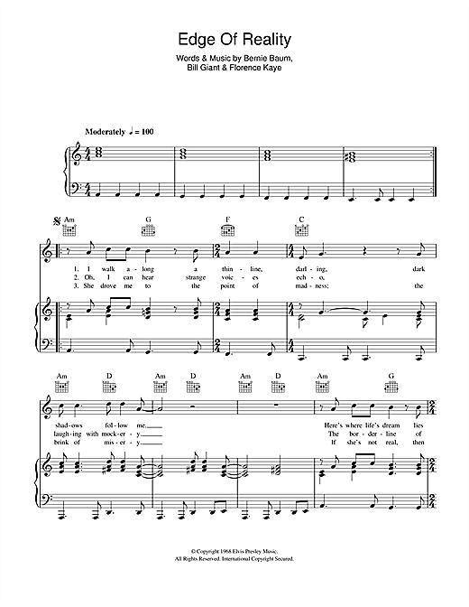 Preview Elvis Presley Edge Of Reality Easy Listening sheet music, notes and chords for Piano, Vocal & Guitar (Right-Hand Melody), SKU: 114421 sheet music, piano notes, chords, guitar tabs, score, transpose, transcribe, how to play, guide, download, learn, tutorial, progression, song, artist, awards, billboard, mtv, vh1, tour, single, album, release