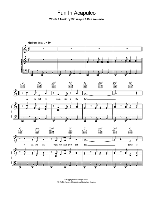 Preview Elvis Presley Fun In Acapulco Easy Listening sheet music, notes and chords for Piano, Vocal & Guitar (Right-Hand Melody), SKU: 114428 sheet music, piano notes, chords, guitar tabs, score, transpose, transcribe, how to play, guide, download, learn, tutorial, progression, song, artist, awards, billboard, mtv, vh1, tour, single, album, release