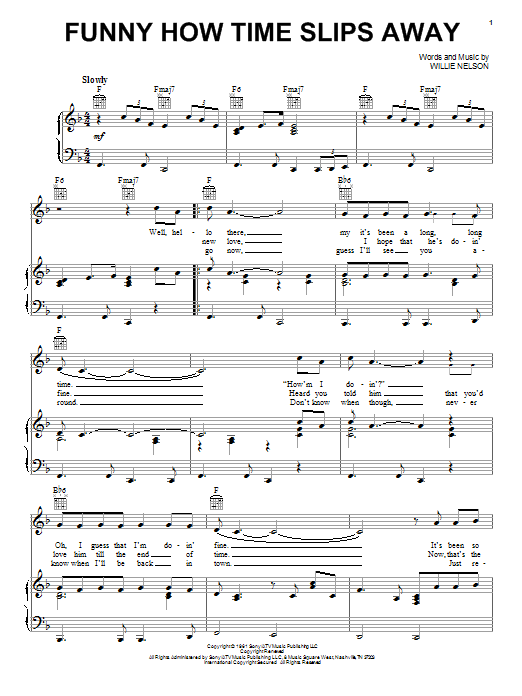 Preview Elvis Presley Funny How Time Slips Away Country sheet music, notes and chords for Piano, Vocal & Guitar (Right-Hand Melody), SKU: 51365 sheet music, piano notes, chords, guitar tabs, score, transpose, transcribe, how to play, guide, download, learn, tutorial, progression, song, artist, awards, billboard, mtv, vh1, tour, single, album, release