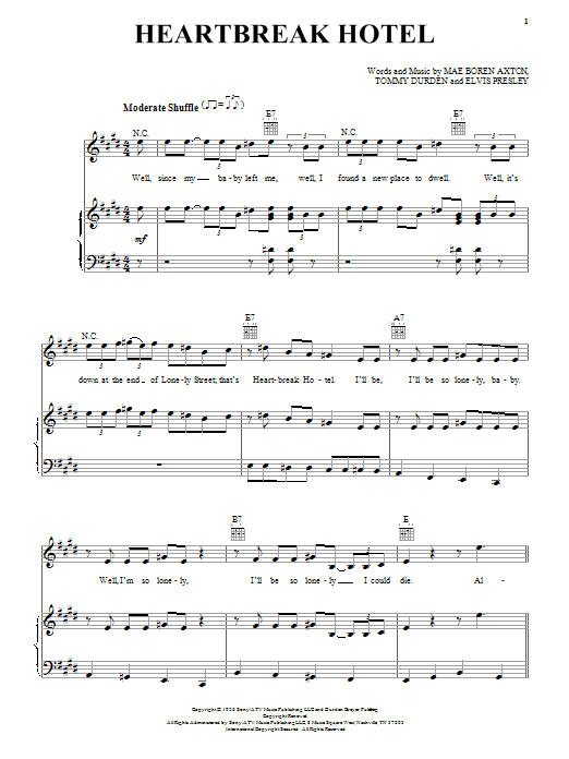 Preview Elvis Presley Heartbreak Hotel Rock sheet music, notes and chords for Piano, Vocal & Guitar (Right-Hand Melody), SKU: 21915 sheet music, piano notes, chords, guitar tabs, score, transpose, transcribe, how to play, guide, download, learn, tutorial, progression, song, artist, awards, billboard, mtv, vh1, tour, single, album, release