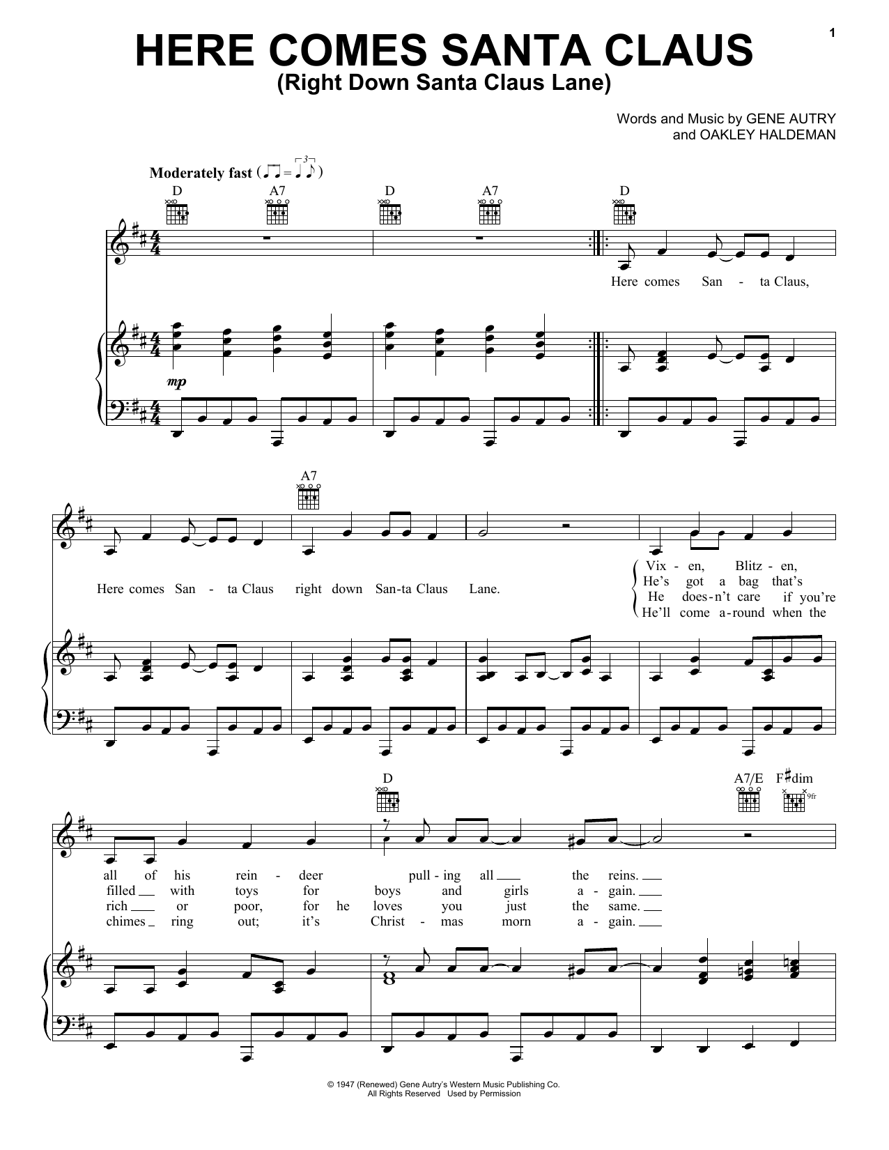 Download Elvis Presley Here Comes Santa Claus (Right Down Santa Claus Lane) sheet music and printable PDF score & Christmas music notes