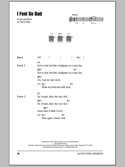 Preview Elvis Presley I Feel So Bad Rock sheet music, notes and chords for Lyrics & Chords, SKU: 79709 Download Elvis Presley I Feel So Bad sheet music and printable PDF score & Rock music notes