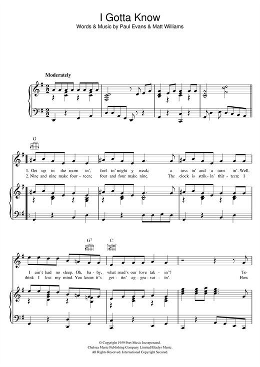 Preview Elvis Presley I Gotta Know Rock N Roll sheet music, notes and chords for Piano, Vocal & Guitar (Right-Hand Melody), SKU: 121107 sheet music, piano notes, chords, guitar tabs, score, transpose, transcribe, how to play, guide, download, learn, tutorial, progression, song, artist, awards, billboard, mtv, vh1, tour, single, album, release