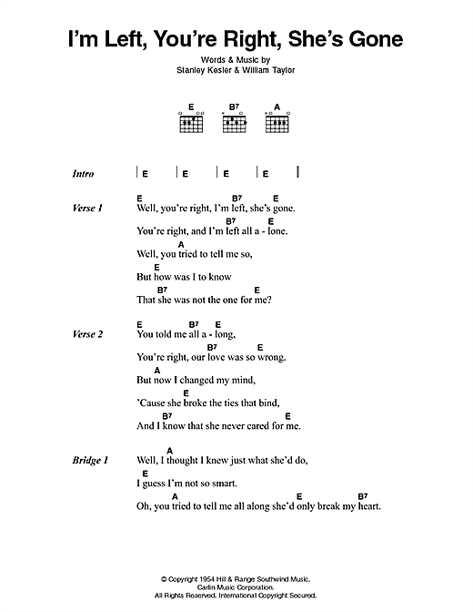 Preview Elvis Presley I'm Left, You're Right, She's Gone Rock N Roll sheet music, notes and chords for Piano, Vocal & Guitar (Right-Hand Melody), SKU: 121177 sheet music, piano notes, chords, guitar tabs, score, transpose, transcribe, how to play, guide, download, learn, tutorial, progression, song, artist, awards, billboard, mtv, vh1, tour, single, album, release
