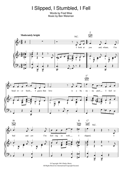 Preview Elvis Presley I Slipped, I Stumbled, I Fell Rock N Roll sheet music, notes and chords for Piano, Vocal & Guitar (Right-Hand Melody), SKU: 121109 sheet music, piano notes, chords, guitar tabs, score, transpose, transcribe, how to play, guide, download, learn, tutorial, progression, song, artist, awards, billboard, mtv, vh1, tour, single, album, release