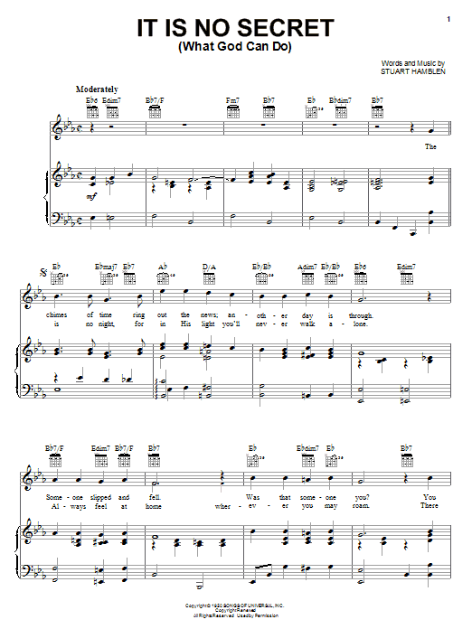 Preview Daniel O'Donnell It Is No Secret (What God Can Do) Easy Listening sheet music, notes and chords for Piano, Vocal & Guitar (Right-Hand Melody), SKU: 17416 sheet music, piano notes, chords, guitar tabs, score, transpose, transcribe, how to play, guide, download, learn, tutorial, progression, song, artist, awards, billboard, mtv, vh1, tour, single, album, release