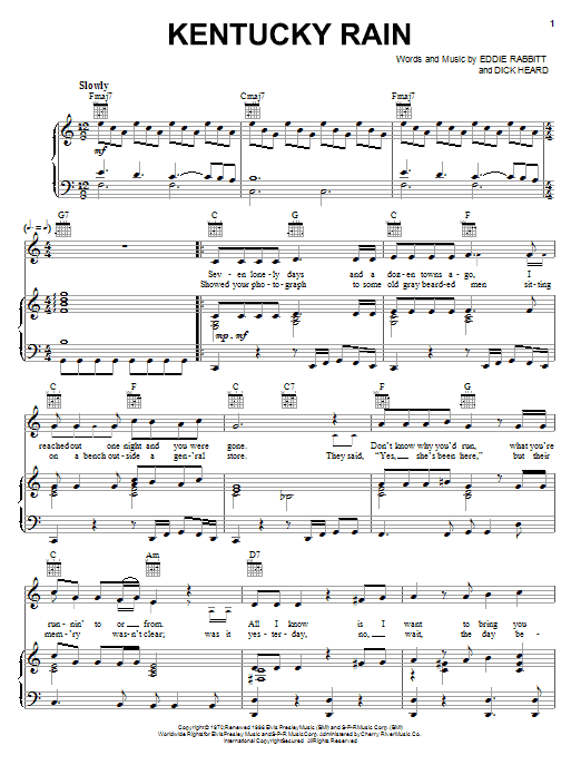 Preview Elvis Presley Kentucky Rain Pop sheet music, notes and chords for Easy Piano, SKU: 69968 Download Elvis Presley Kentucky Rain sheet music and printable PDF score & Pop music notes