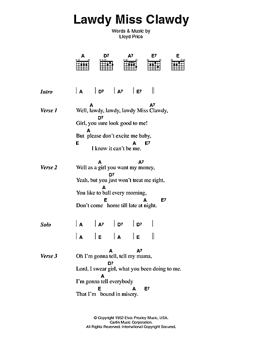 Preview Elvis Presley Lawdy Miss Clawdy Pop sheet music, notes and chords for Piano, Vocal & Guitar (Right-Hand Melody), SKU: 52005 Download Elvis Presley Lawdy Miss Clawdy sheet music and printable PDF score & Pop music notes