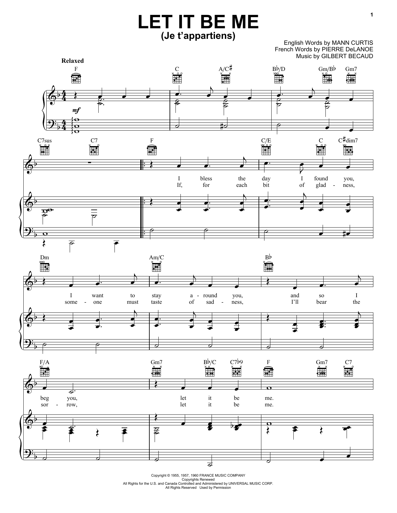 Download Elvis Presley Let It Be Me (Je T'appartiens) sheet music and printable PDF score & Rock music notes