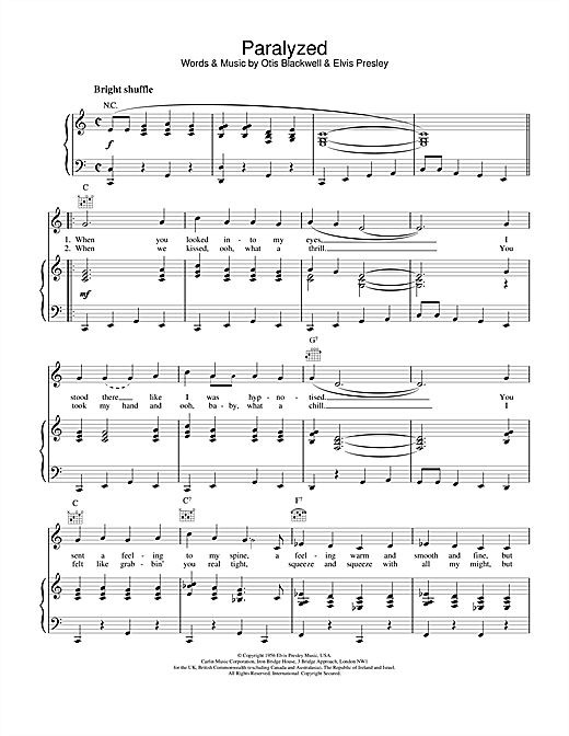 Preview Elvis Presley Paralyzed Pop sheet music, notes and chords for Melody Line, Lyrics & Chords, SKU: 25155 sheet music, piano notes, chords, guitar tabs, score, transpose, transcribe, how to play, guide, download, learn, tutorial, progression, song, artist, awards, billboard, mtv, vh1, tour, single, album, release