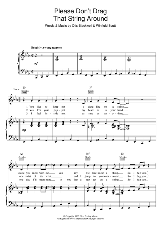 Preview Elvis Presley Please Don't Drag That String Around Rock N Roll sheet music, notes and chords for Piano, Vocal & Guitar (Right-Hand Melody), SKU: 121151 sheet music, piano notes, chords, guitar tabs, score, transpose, transcribe, how to play, guide, download, learn, tutorial, progression, song, artist, awards, billboard, mtv, vh1, tour, single, album, release