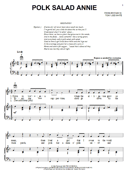 Preview Elvis Presley Polk Salad Annie Pop sheet music, notes and chords for Piano, Vocal & Guitar (Right-Hand Melody), SKU: 18309 sheet music, piano notes, chords, guitar tabs, score, transpose, transcribe, how to play, guide, download, learn, tutorial, progression, song, artist, awards, billboard, mtv, vh1, tour, single, album, release
