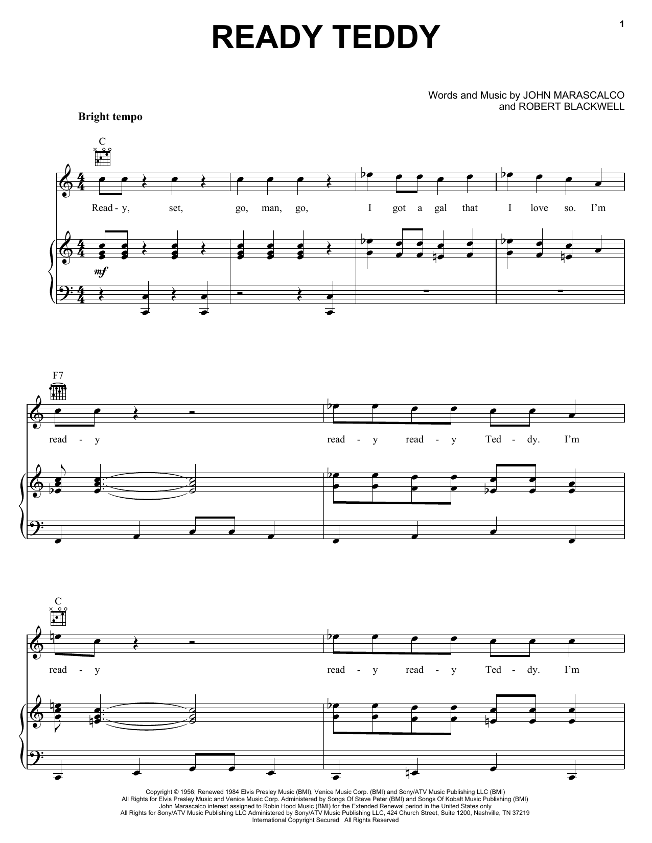 Preview Elvis Presley Ready Teddy Pop sheet music, notes and chords for Piano, Vocal & Guitar (Right-Hand Melody), SKU: 16423 sheet music, piano notes, chords, guitar tabs, score, transpose, transcribe, how to play, guide, download, learn, tutorial, progression, song, artist, awards, billboard, mtv, vh1, tour, single, album, release