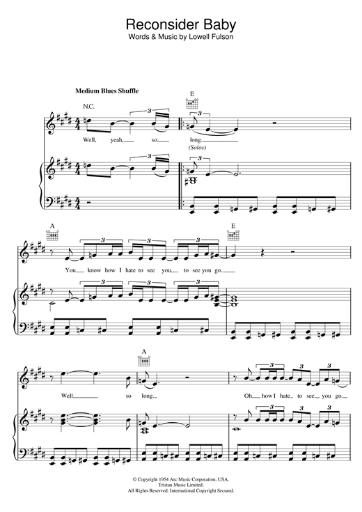 Preview Elvis Presley Reconsider Baby Rock N Roll sheet music, notes and chords for Piano, Vocal & Guitar (Right-Hand Melody), SKU: 121140 sheet music, piano notes, chords, guitar tabs, score, transpose, transcribe, how to play, guide, download, learn, tutorial, progression, song, artist, awards, billboard, mtv, vh1, tour, single, album, release