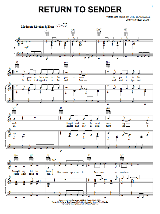 Preview Elvis Presley Return To Sender Rock sheet music, notes and chords for Piano, Vocal & Guitar (Right-Hand Melody), SKU: 18089 sheet music, piano notes, chords, guitar tabs, score, transpose, transcribe, how to play, guide, download, learn, tutorial, progression, song, artist, awards, billboard, mtv, vh1, tour, single, album, release