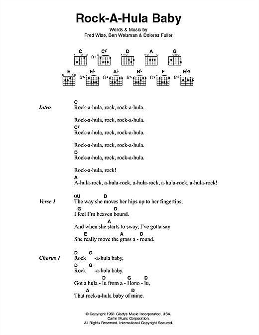Preview Elvis Presley Rock-A-Hula Baby Rock sheet music, notes and chords for Lyrics & Chords, SKU: 79689 Download Elvis Presley Rock-A-Hula Baby sheet music and printable PDF score & Rock music notes