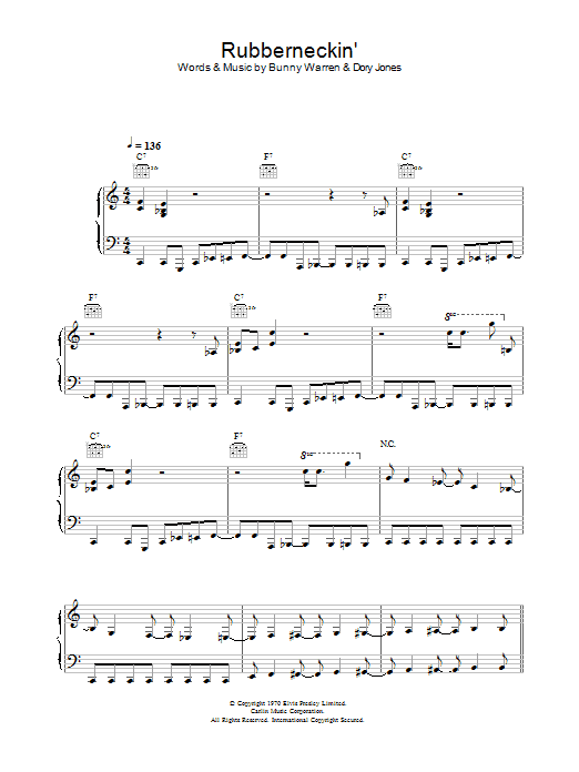 Preview Elvis Presley Rubberneckin' Pop sheet music, notes and chords for Melody Line, Lyrics & Chords, SKU: 25841 Download Elvis Presley Rubberneckin' sheet music and printable PDF score & Pop music notes