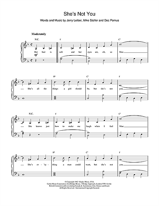 Preview Elvis Presley She's Not You Rock sheet music, notes and chords for Easy Piano, SKU: 25641 Download Elvis Presley She's Not You sheet music and printable PDF score & Rock music notes