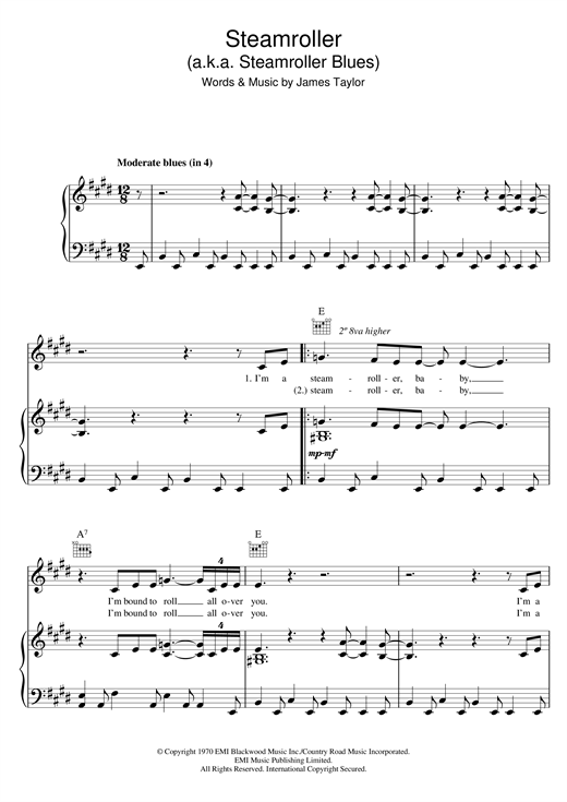 Preview Elvis Presley Steamroller Rock N Roll sheet music, notes and chords for Piano, Vocal & Guitar (Right-Hand Melody), SKU: 121377 sheet music, piano notes, chords, guitar tabs, score, transpose, transcribe, how to play, guide, download, learn, tutorial, progression, song, artist, awards, billboard, mtv, vh1, tour, single, album, release