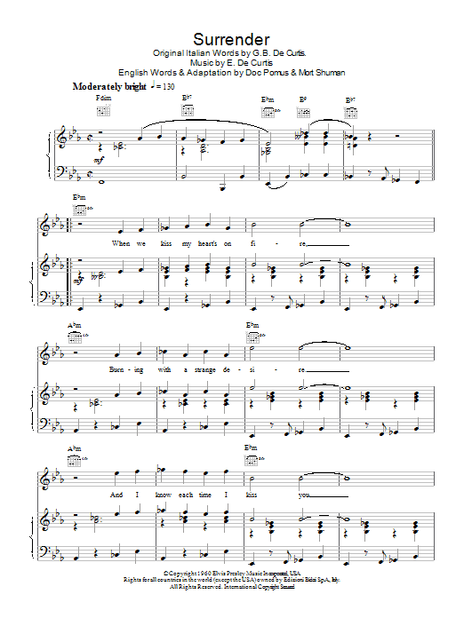 Preview Elvis Presley Surrender Pop sheet music, notes and chords for Piano, Vocal & Guitar (Right-Hand Melody), SKU: 21837 Download Elvis Presley Surrender sheet music and printable PDF score & Pop music notes