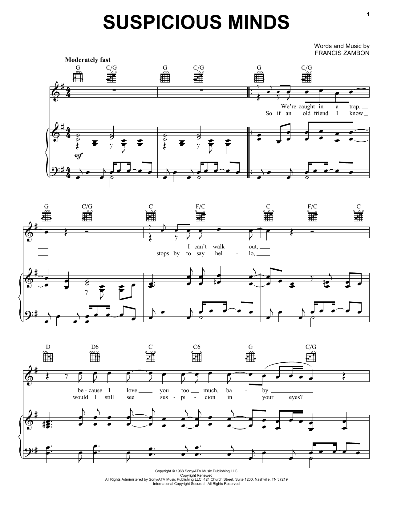 Download Elvis Presley Suspicious Minds sheet music and printable PDF score & Pop music notes