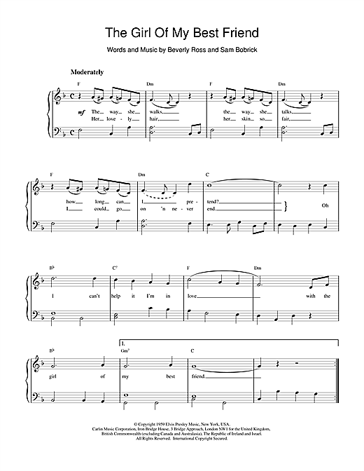Preview Elvis Presley The Girl Of My Best Friend Pop sheet music, notes and chords for Piano, SKU: 15815 sheet music, piano notes, chords, guitar tabs, score, transpose, transcribe, how to play, guide, download, learn, tutorial, progression, song, artist, awards, billboard, mtv, vh1, tour, single, album, release