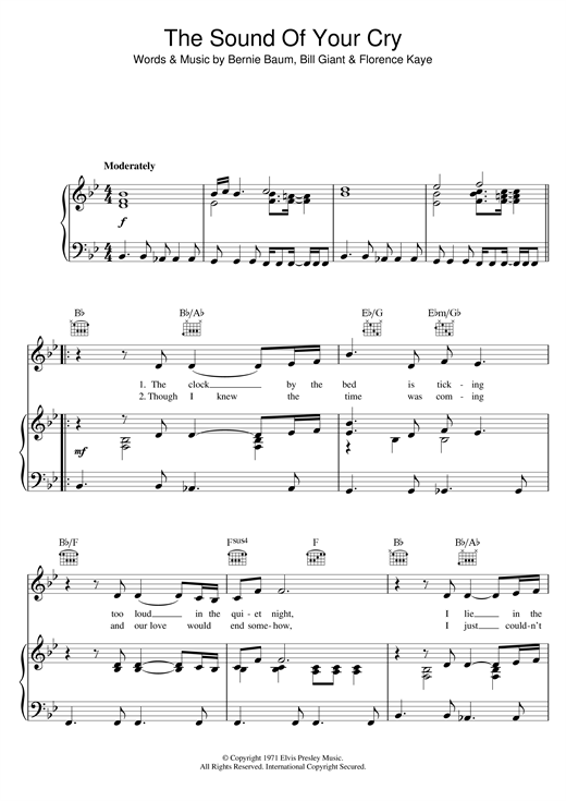 Preview Elvis Presley The Sound Of Your Cry Rock N Roll sheet music, notes and chords for Piano, Vocal & Guitar (Right-Hand Melody), SKU: 121320 sheet music, piano notes, chords, guitar tabs, score, transpose, transcribe, how to play, guide, download, learn, tutorial, progression, song, artist, awards, billboard, mtv, vh1, tour, single, album, release
