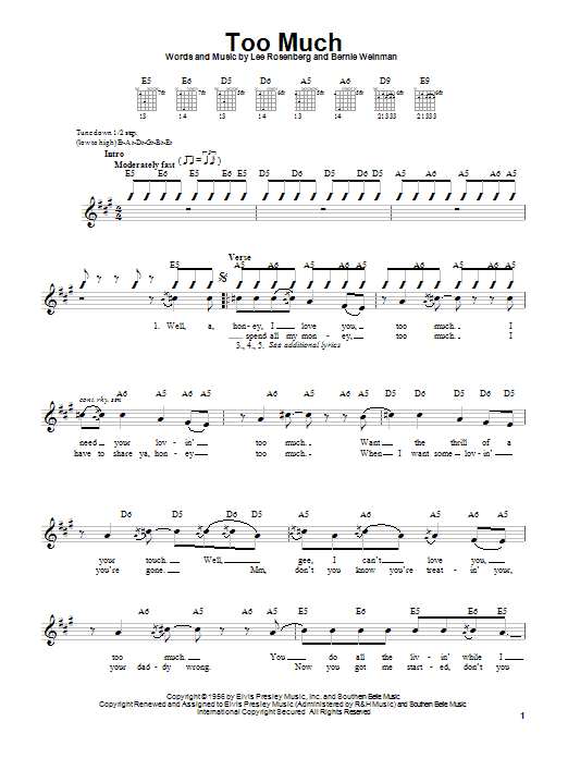 Preview Elvis Presley Too Much Rock sheet music, notes and chords for Piano, Vocal & Guitar (Right-Hand Melody), SKU: 30002 Download Elvis Presley Too Much sheet music and printable PDF score & Rock music notes