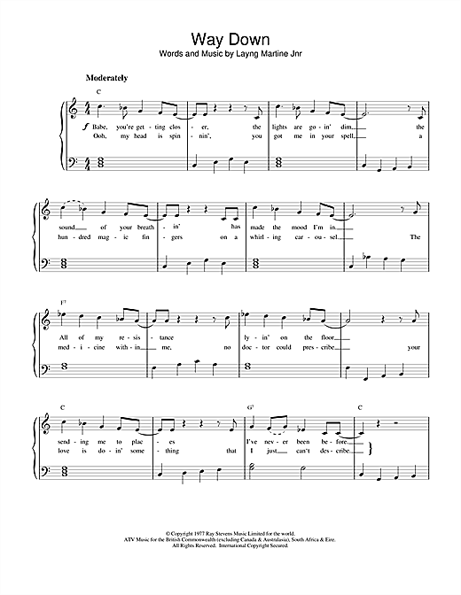 Preview Elvis Presley Way Down Pop sheet music, notes and chords for Piano, Vocal & Guitar (Right-Hand Melody), SKU: 21841 Download Elvis Presley Way Down sheet music and printable PDF score & Pop music notes