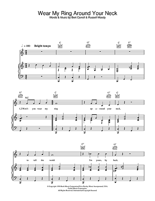 Preview Elvis Presley Wear My Ring Around Your Neck Pop sheet music, notes and chords for Piano, Vocal & Guitar (Right-Hand Melody), SKU: 17775 sheet music, piano notes, chords, guitar tabs, score, transpose, transcribe, how to play, guide, download, learn, tutorial, progression, song, artist, awards, billboard, mtv, vh1, tour, single, album, release