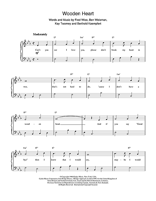 Download Elvis Presley Wooden Heart sheet music and printable PDF score & Pop music notes